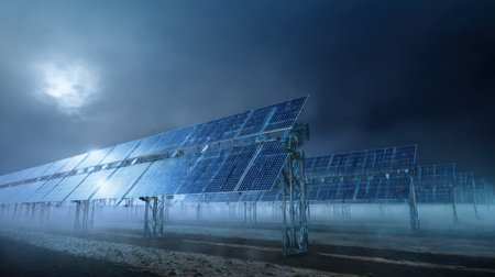A power plant mesmerizes with glowing energy from shimmering particles on a dark misty New Years...