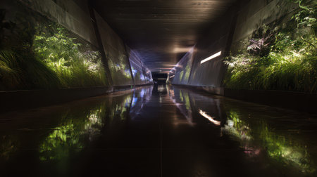 In a metro tunnel lights reflect off the water showcasing bioluminescent plants that bring a magical...