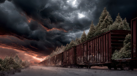 A train filled to the brim with lush Christmas trees travels through a snowy landscape under dark...