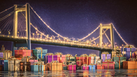Colorful gift boxes gather near a stunning bridge illuminated under the night sky celebrating the...