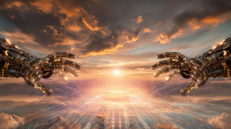 Two robotic hands emerge from vibrant cosmic streams creating a surreal assembly line that...