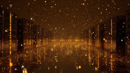 A magnificent scene unfolds as snowflakes gently fall around a central structure.
