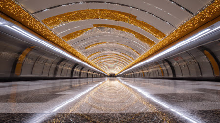 Golden ribbons illuminate a bustling metro tunnel creating a festive atmosphere as crowds prepare to...