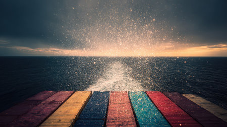 Colorful containers create a backdrop for sparkling water splashes as the sun sets marking the start...
