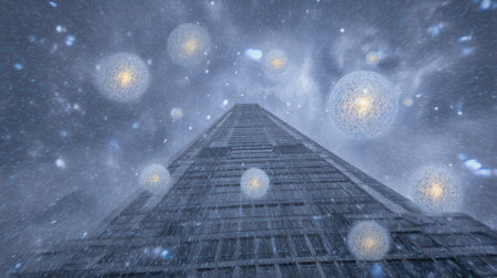 Bright spheres float above a rooftop casting a warm glow as snowflakes gently fall during the New...
