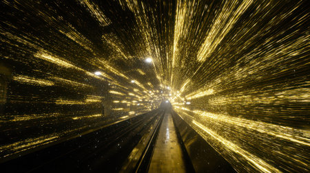 A vibrant metro tunnel glows with golden ribbons of light creating a magical atmosphere just before...