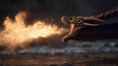 Dragon breathes fire in a mystical land of wonder