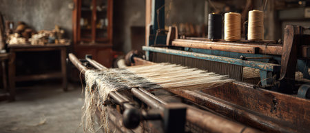 Woven threads create fabric on a vintage loom