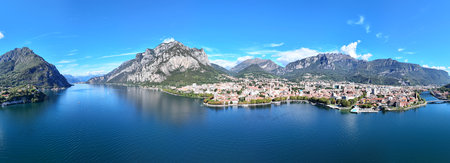 Aerial drone of Como Lake with Lecco city in the backgroundの写真素材