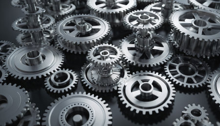 Silver gears and cogs on a black background.の素材