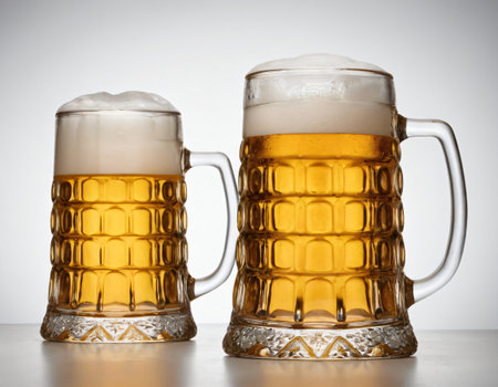 Two mugs of beer with foam on a white background, close up. Ideal for catalogs.の素材
