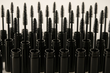 Black mascara bottles on a white background. Close-up. Ideal for cosmetic cataloguesの素材