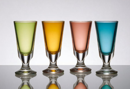 Colorful shot glasses on a white background with reflection. Studio shot.の素材