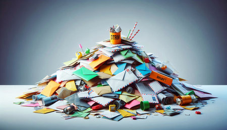 Conceptual image of a pile of paper and envelopes.の素材