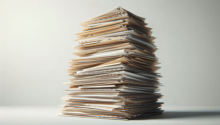 Pile of folders on white background, closeup. Business concept. Concept of disorder and confusion.の素材