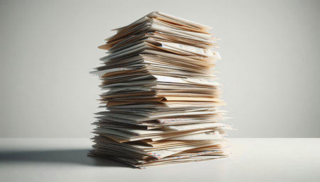 Pile of documents on the table. Stack of documents on the table. Concept of disorder and confusionの素材