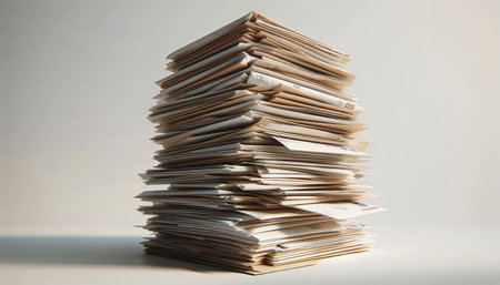 Pile of old documents on a light background, concept of disorder and confusionの素材