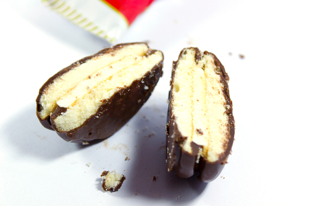 close up of a chocolate cream pie on white background.の写真素材