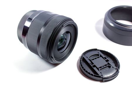 Close up of camera lens on a white backgroundの写真素材