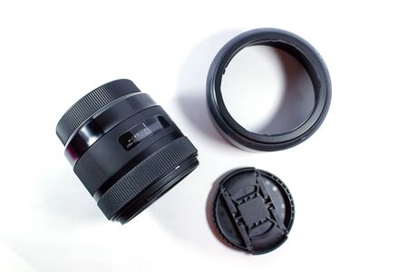 Close up of camera lens on a white backgroundの写真素材