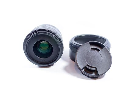 Close up of camera lens on a white backgroundの写真素材