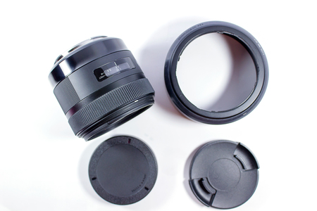 Close up of camera lens on a white backgroundの写真素材