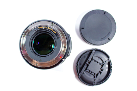 Close up of camera lens on a white backgroundの写真素材