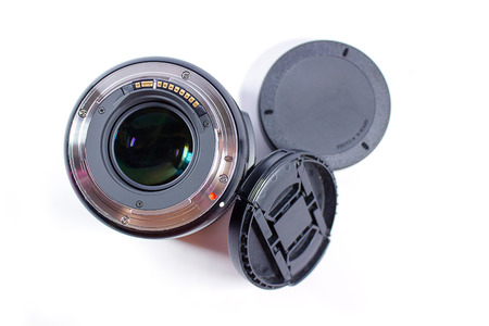 Close up of camera lens on a white backgroundの写真素材