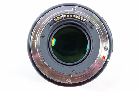 Close up of camera lens on a white backgroundの写真素材