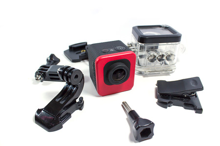 Action Camera and accessory isolated on white background
