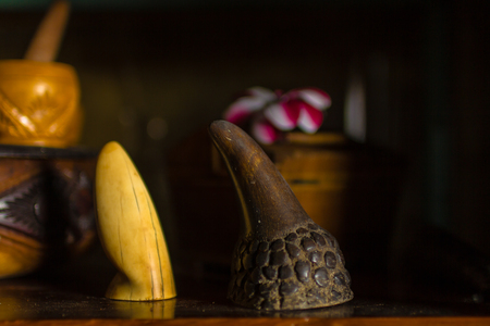 Model white and black ivory elephant on wooden floor.の写真素材