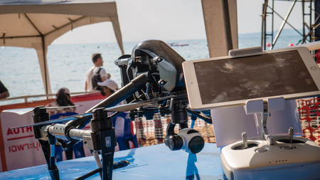 On Dec 10,2017. Professional camera drone on beach with jet ski in Jet ski world cup 2017 at Jomtien Beach in Chon Buri, Thailand.のeditorial素材