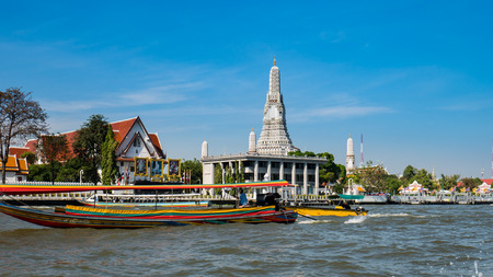 On Dec 30,2017. Bangkok. Thailand. Chao Phraya river with boat and temple.のeditorial素材