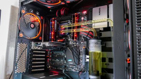 On March 14,2018. Computer set and motherboard asus rampage iv black edition with cpu water cooler set.のeditorial素材