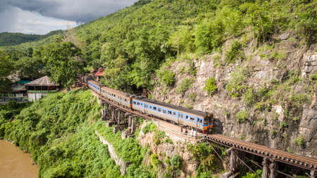 Aerial view Death Railway cave Krasae, Thai Train on River Kwai Bridge Kanchanaburi. Thailandのeditorial素材