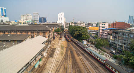 Aerial View of Bangkok Railway Station unofficially known as Hua Lamphong Station in Thailand. It is the main railway station in Bangkok, Thailand.のeditorial素材