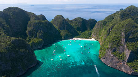 Aerial view of iconic tropical Maya Bay,Phi Phi islands, Thailandの写真素材