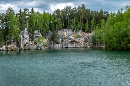 Rocky shore of the lake in the forest. summer landscape.の写真素材