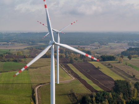 Aerial view of wind turbines in the field Poland, Renewable energy, Clean renewable green wind power, Classic energy conceptの写真素材