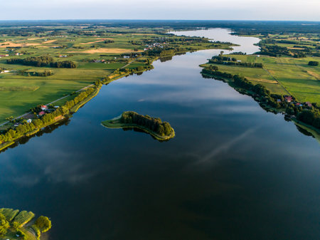 Aerial view of the lake in Masuria region, Poland.の写真素材
