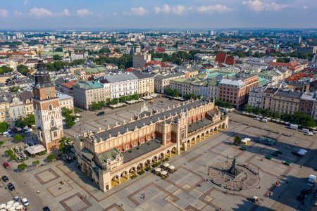 Krakow Cloth Hall - drone aerial view - Main Market Square on sunny day, Polandの写真素材