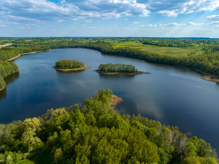Aerial view of the lake and forest in summer, Poland.の写真素材
