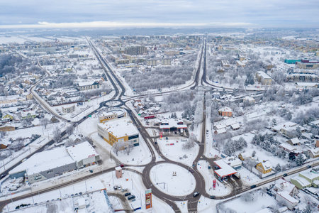 Suwalki, Poland - winter drone aerial photo - citycape, snowy landscape, cloudy moody dayの写真素材