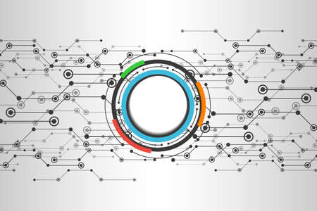 Abstract technological background concept with various technology elements. Vector illustration with connecting dots and lines, colorful circlesのイラスト素材