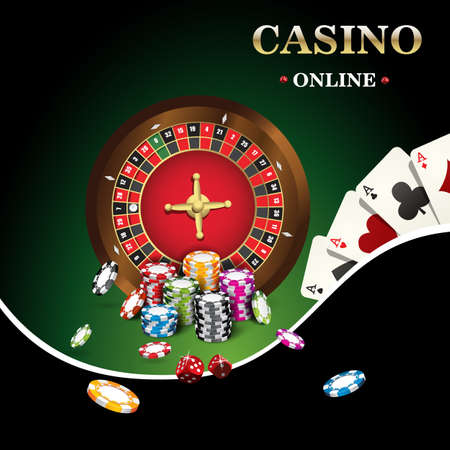 Casino banner includes roulette, casino chips, playing cards for pokerのイラスト素材