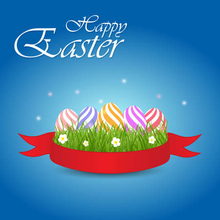 Easter eggs with grass and flowers in red ribbon on a blue background. Vector elements for celebratory designのイラスト素材