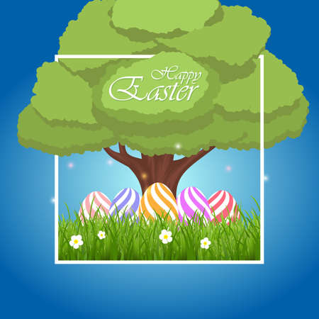 Vector Easter eggs in frame, green grass and tree on a blue backgroundのイラスト素材