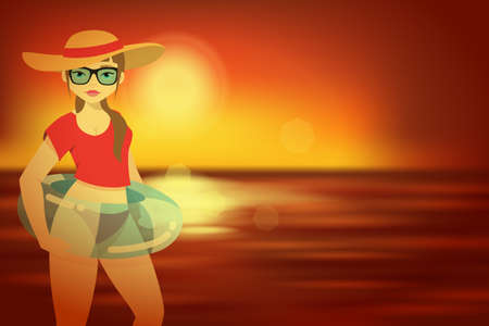 Background woman with swimming rubber ring. Vector illustration blurred red sunset on sea. Summer vacation bannerのイラスト素材