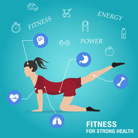Web design template with line icons symbols of fitness studio, gym facility or health industry. Layout for World Health Day, healthy lifestyleのイラスト素材