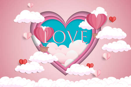 Happy Valentines day design with paper cut heart shape, flying balloon and clouds. Vector illustration greetings card with text Loveのイラスト素材